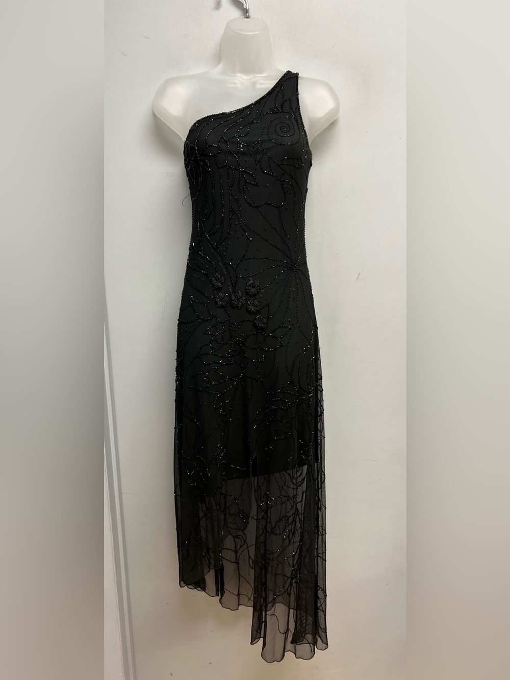 Cache One-Shoulder Beaded Mesh Evening Dress – Black – Size Medium